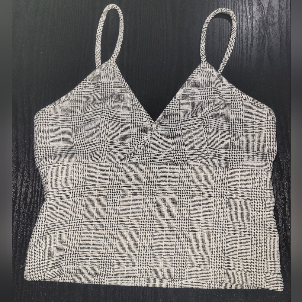 Plaid V-Neck Cropped Cami Top - Black & White